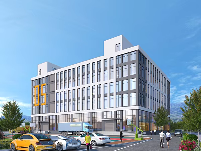 Modern Multi storey Industrial Building With Glass Windows Yellow Accents And Surrounding Greenery 3d model