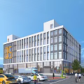 Modern Multi storey Industrial Building With Glass Windows Yellow Accents And Surrounding Greenery