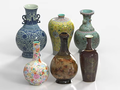 Colorful Decorative Vases With Different Shapes Traditional Patterns And Floral Designs 3d model