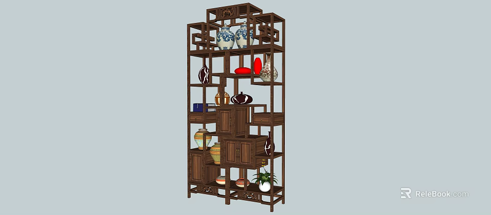 Traditional Chinese Wooden Antique Display Shelf with Multiple Compartments and Decorative Porcelain Vases 3d model 