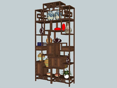 Traditional Chinese Wooden Antique Display Shelf with Multiple Compartments and Decorative Porcelain Vases 3d model