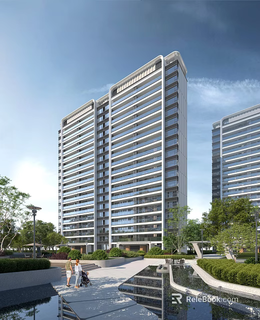 Modern High Rise Residential Building With Glass Facade Balconies And Green Trees Around 3d model 