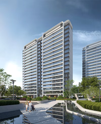 Modern High Rise Residential Building With Glass Facade Balconies And Green Trees Around 3d model