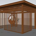 Traditional Wooden Pavilion Design with Lattice Sides and Circular Decorative Pattern
