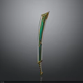 Ornate Curved Blade Weapon With Green And Gold Decorative Design Details