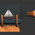 Sculpture Carving In Glass Bottle With Small Boat Blue Base And Orange Wooden Stand