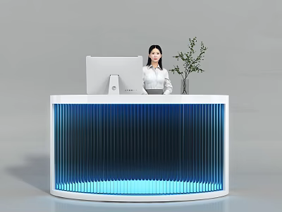 Modern Curved Reception Desk With Blue LED Lighting And Computer Monitor 3d model