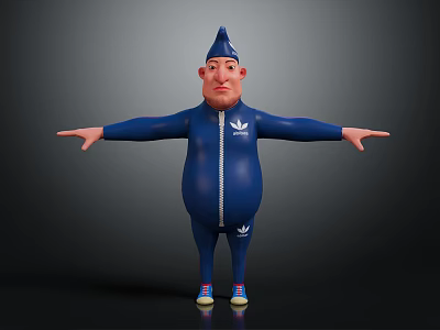 3D Character Man In Blue Zippered Jumpsuit With Pointed Hat Arms Outstretched And Colorful Shoes 3d model