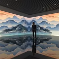 Person Standing In Modern Room With Mountain Landscape Mural Ceiling Lights And Floor Reflection 3d model