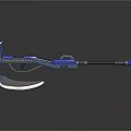 Blue Mechanical Tool With Sickle Shaped Blade And Long Metallic Rod