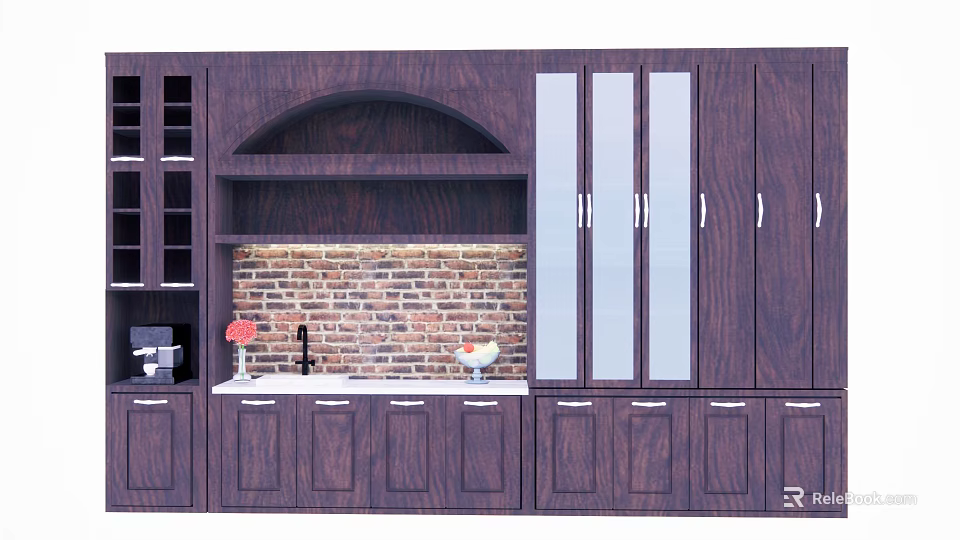 Classic Dark Brown Wooden Sideboard With Glass Doors Arched Open Shelf And Brick Wall Backdrop 3d model 