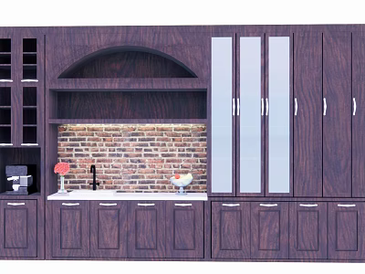 Classic Dark Brown Wooden Sideboard With Glass Doors Arched Open Shelf And Brick Wall Backdrop 3d model