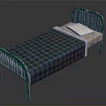 Green Metal Bed Frame Bedroom Furniture With Cozy Plaid Blanket And White Pillow
