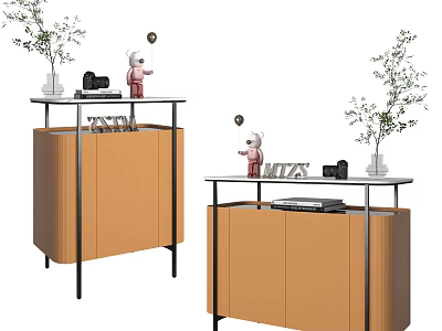 Brown Wooden Console And Side Cabinets With Green Plants Decorative Figurines Camera And Magazines 3d model