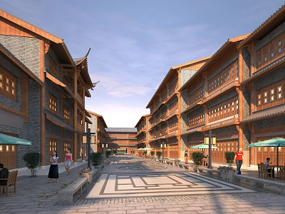 Ancient Chinese Architecture Street Scene Featuring Wooden Structures Tile Roofs Stone Paved Road And Pedestrians 3d model