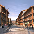 Ancient Chinese Architecture Street Scene Featuring Wooden Structures Tile Roofs Stone Paved Road And Pedestrians
