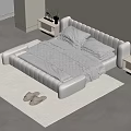 Modern White Double Bed with Padded Headboard Footboard on Plush Rug and Nightstands Plant Lamp