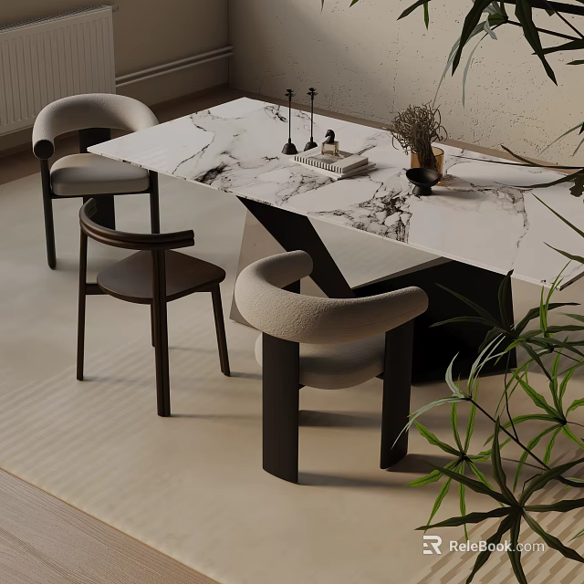 Modern Dining Table Set With Marble Tabletop Comfortable Chairs And Green Plant Decoration 3d model 