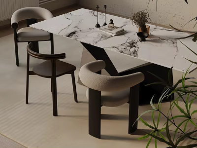 Modern Dining Table Set With Marble Tabletop Comfortable Chairs And Green Plant Decoration 3d model
