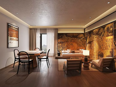 Modern Entertainment Room Interior Design With Sofa Table Chairs And Decorative Painting 3d model