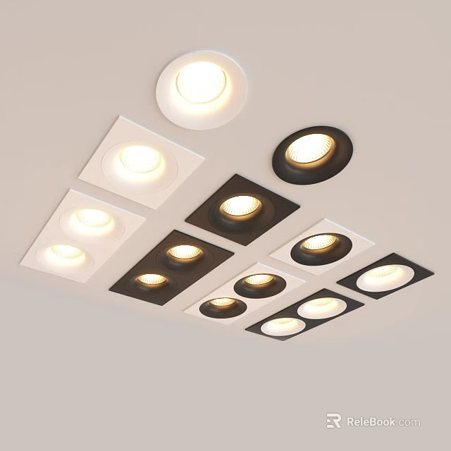 Ceiling Mounted Illuminated Downlights And Spotlights With Square Round Black White Frames 3d model 