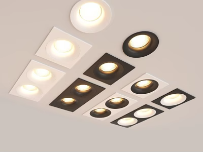 Ceiling Mounted Illuminated Downlights And Spotlights With Square Round Black White Frames 3d model