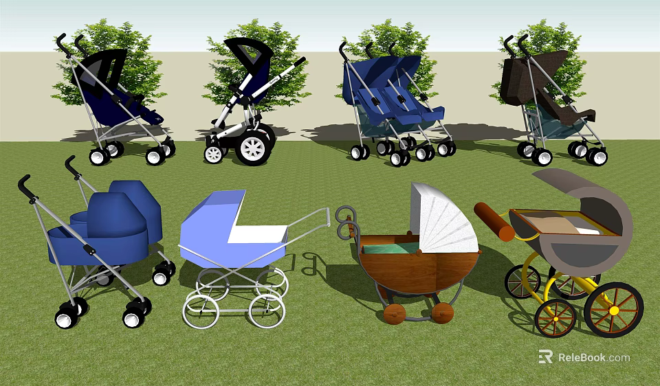 Various Baby Strollers Including Modern And Vintage Designs On Green Grass 3d model 