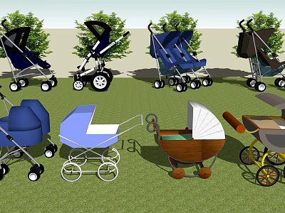 Various Baby Strollers Including Modern And Vintage Designs On Green Grass 3d model