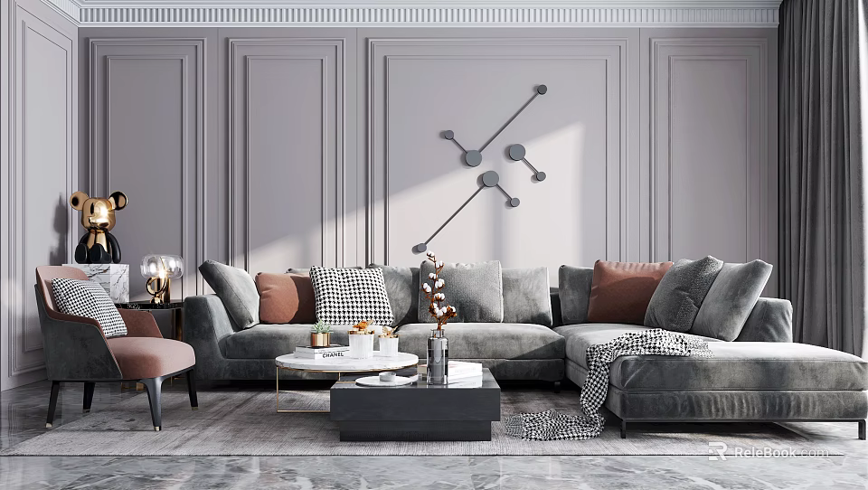 Modern Gray Sofa and Coffee Table Set with Brown Checkered Pillows and Decorative Wall Clock 3d model