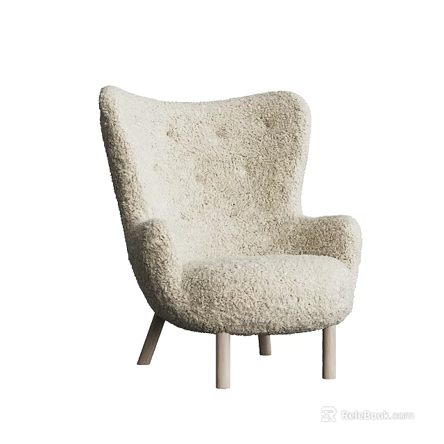 Comfortable Cream Fleece Leisure Chair with Armrests and Wooden Legs 3d model 