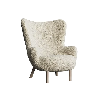 Comfortable Cream Fleece Leisure Chair with Armrests and Wooden Legs 3d model