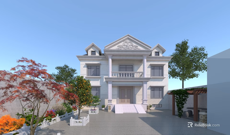 Classic Detached Villa With White Exterior Symmetrical Facade Front Porch And Landscaped Garden 3d model 