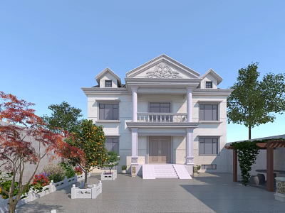 Classic Detached Villa With White Exterior Symmetrical Facade Front Porch And Landscaped Garden 3d model