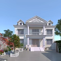 Classic Detached Villa With White Exterior Symmetrical Facade Front Porch And Landscaped Garden