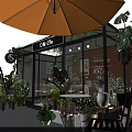 Co-lifo Store with Glass Greenhouse Yellow Umbrella Green Plants Flowers Indoor Tables and Chalkboard Menu