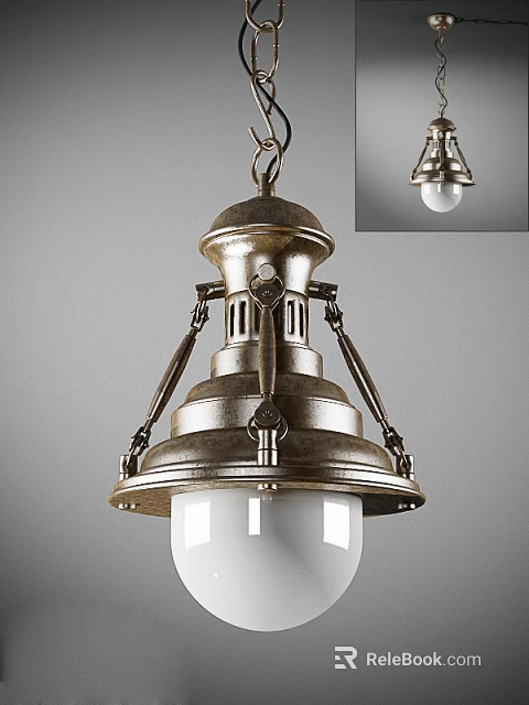 Vintage Style Antique Brass Metal Pendant Light With Decorative Design And White Glass Shade 3d model 