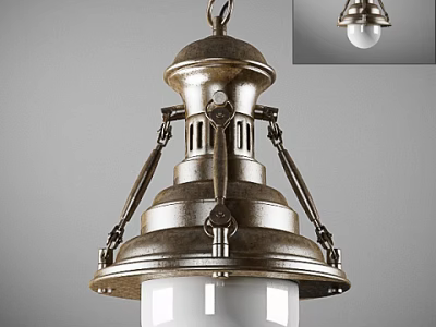 Vintage Style Antique Brass Metal Pendant Light With Decorative Design And White Glass Shade 3d model