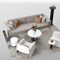 Modern Sofa and Coffee Table Set with Beige Throw Pillows Round Table and White Armchairs 3d model