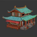 Traditional Chinese Two Story Building With Blue Roof Red Pillars And Ornate Design