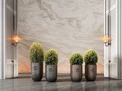 Potted Bonsai Plants In Metal Textured Pots Against Marble Wall With Wall Lamps 3d model