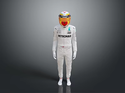 Game Movie Racing Character Wearing White Suit With Helmet And PETRONAS Logo Standing Gray Background 3d model