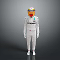 Game Movie Racing Character Wearing White Suit With Helmet And PETRONAS Logo Standing Gray Background