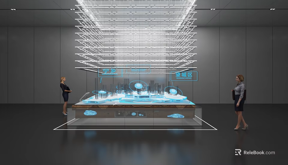 Visitors viewing modern exhibition display with transparent lighting structure and blue cloud shaped elements 3d model 