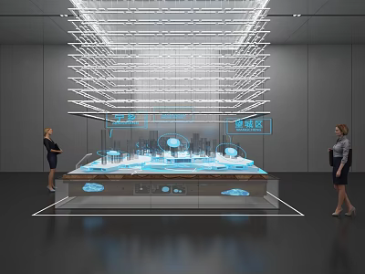 Visitors viewing modern exhibition display with transparent lighting structure and blue cloud shaped elements 3d model