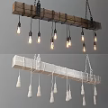 Industrial Wooden Track Chandelier With Multiple Hanging Filament Bulbs And Metal Chains