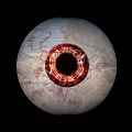 Detailed Human Eyes With Red Blood Vessels And Green Outline On Black Background