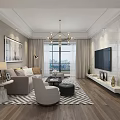 Modern Dining Room Interior With Round Table Gray Chairs Chandelier Wall Paintings And Wooden Flooring