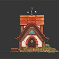 Cartoon Scene of Small House with Red Tile Roof Round Windows Path Stones and Grass