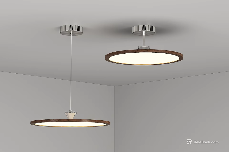 Modern Round Pendant Light Combination With Wooden Frame Silver Base White Light Ceiling Mounted 3d model