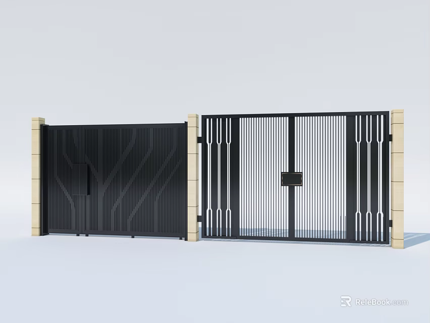 Modern Black Gates With Wavy Pattern Vertical Slats Grid Design And Beige Pillars 3d model 